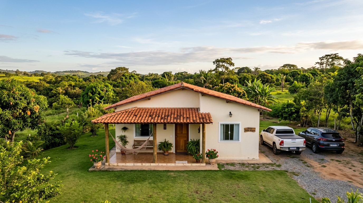 Chácara com casa térrea, pomar e área de convivência